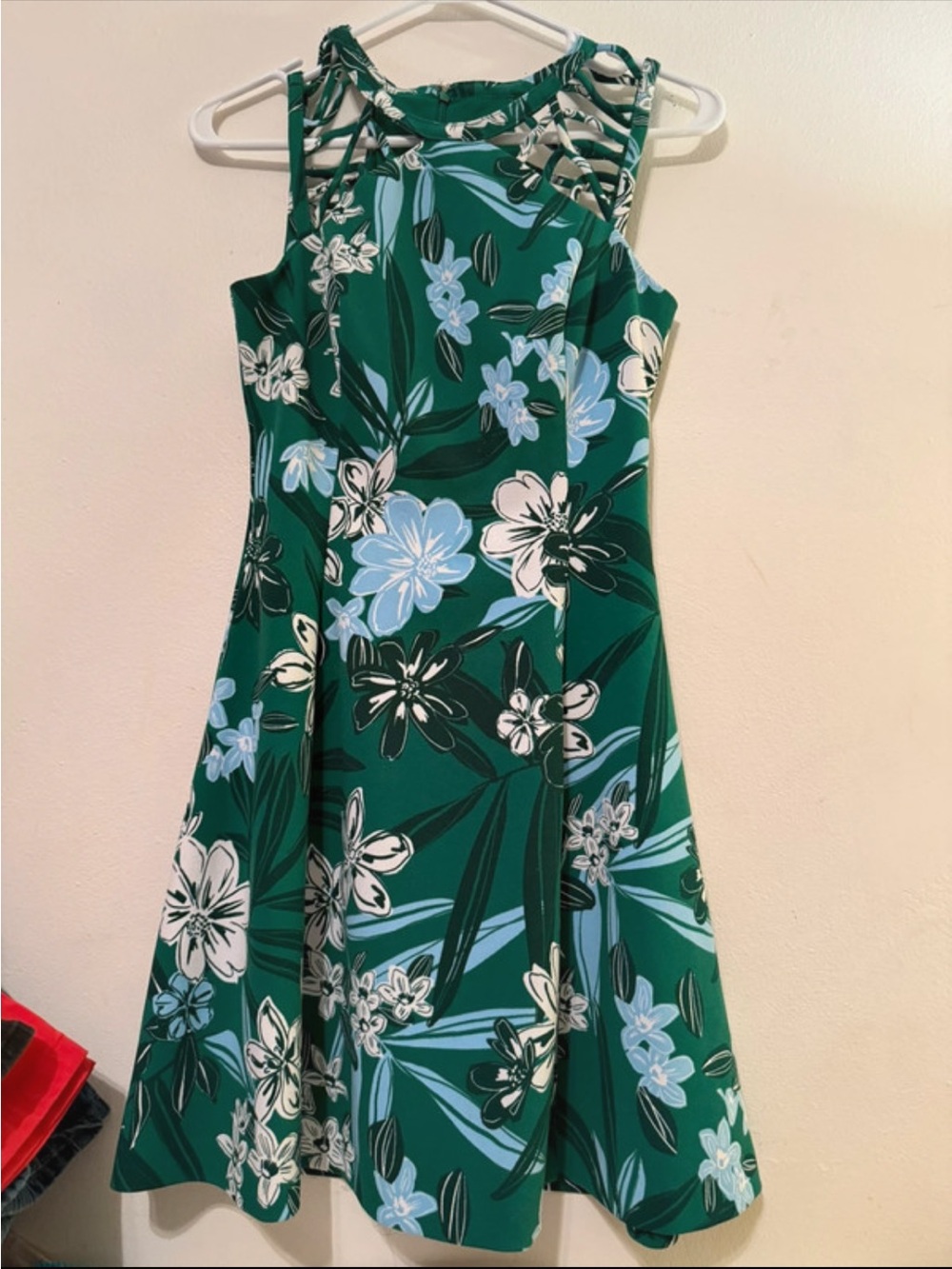 Guess Green Floral Midi Dress with Blue & White Flowers